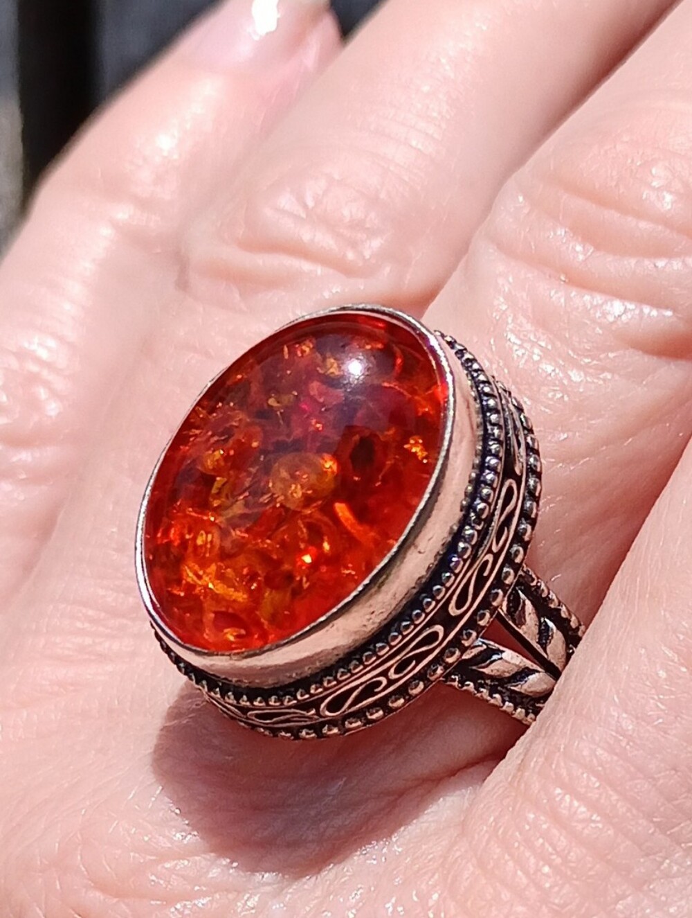 Natural Baltic Amber Oval Antique Style Silver Ring Sz 7.75
